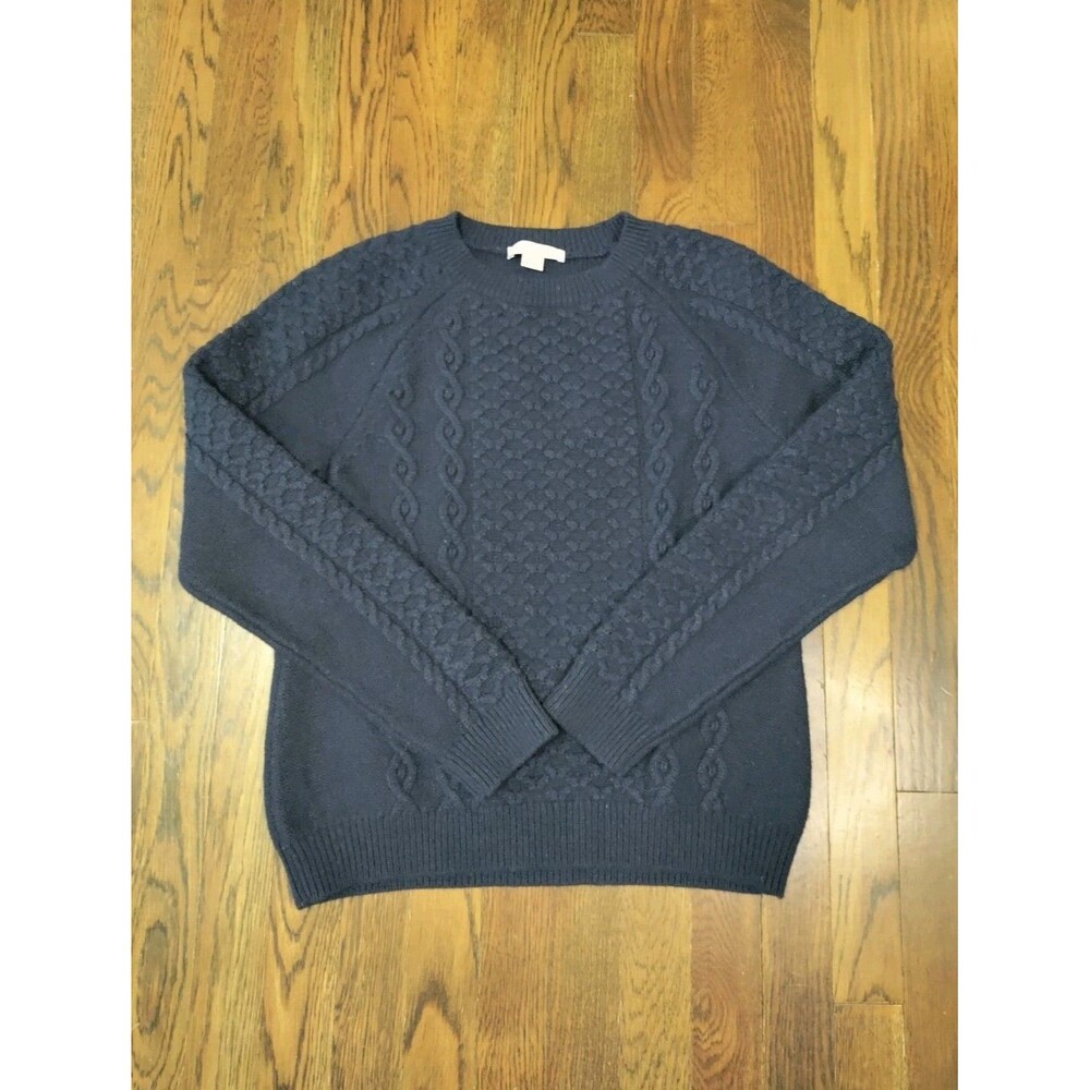 Pendleton Cable Knit Sweater Women's L Navy Blue Lambs Wool Blend Fishermen EUC